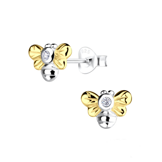 14k Gold and Silver Diamond Busy Bee Stud Earrings