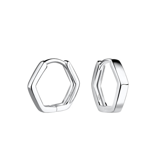 Hexagonal Silver Huggie Earrings (13 mm)