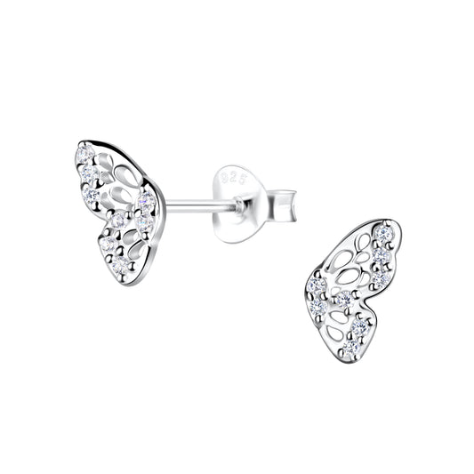 Sparkly Silver Butterfly Wing Stud Earrings with Cubic Zirconia